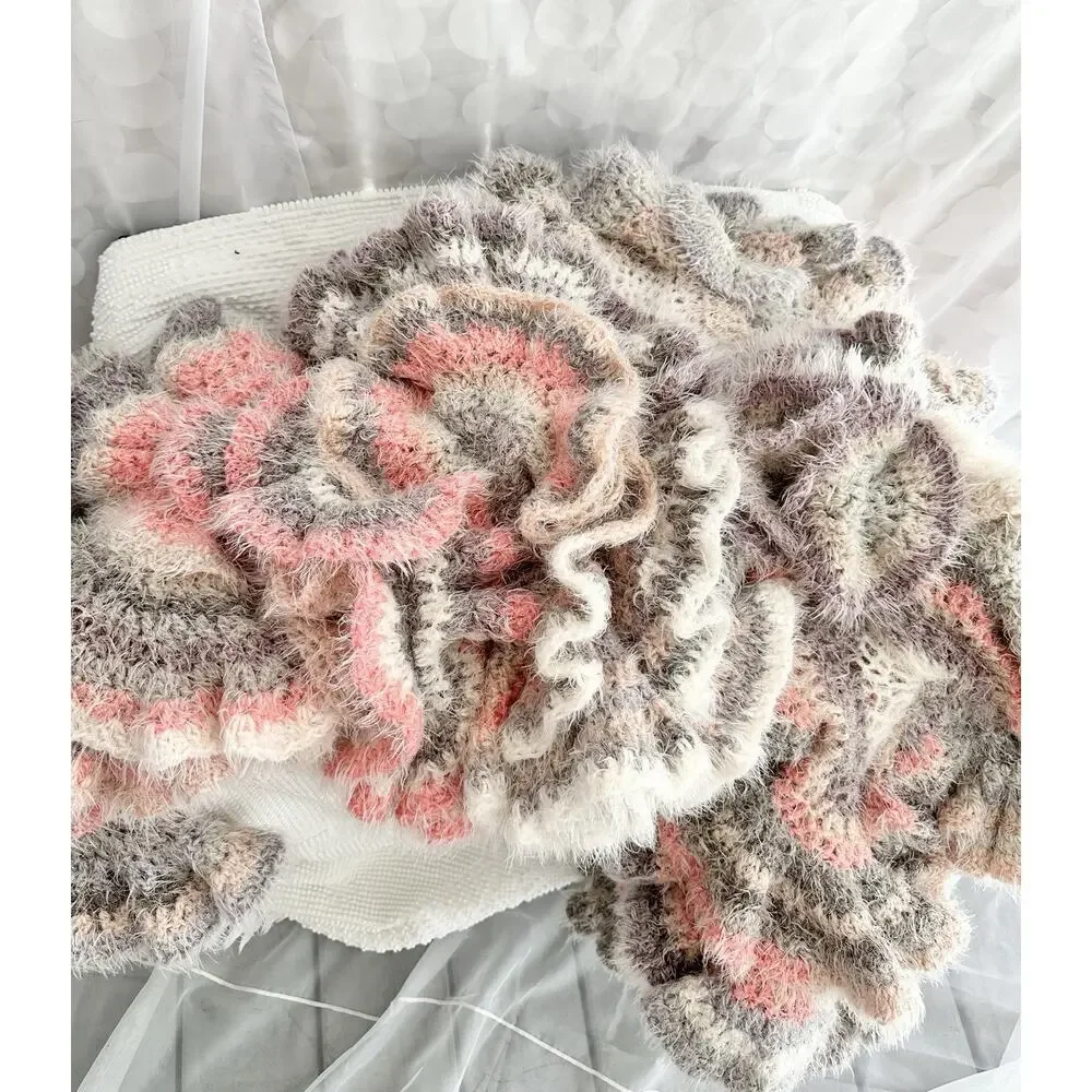 Hand Made LONG Curly Crochet CORKSCREW Throw Blanket FUZZY Grey Beige Pink